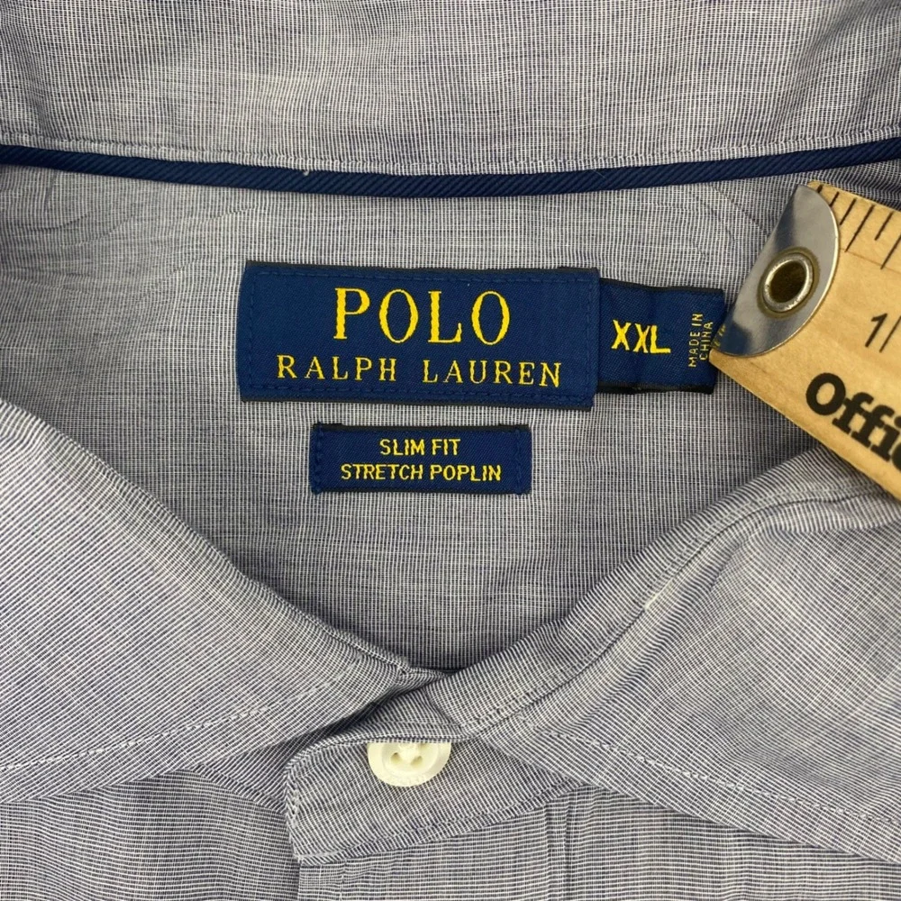 Polo Ralph Lauren Button Down Mens XXL‎ Blue Slim Fit Stretch Poplin Micro Check